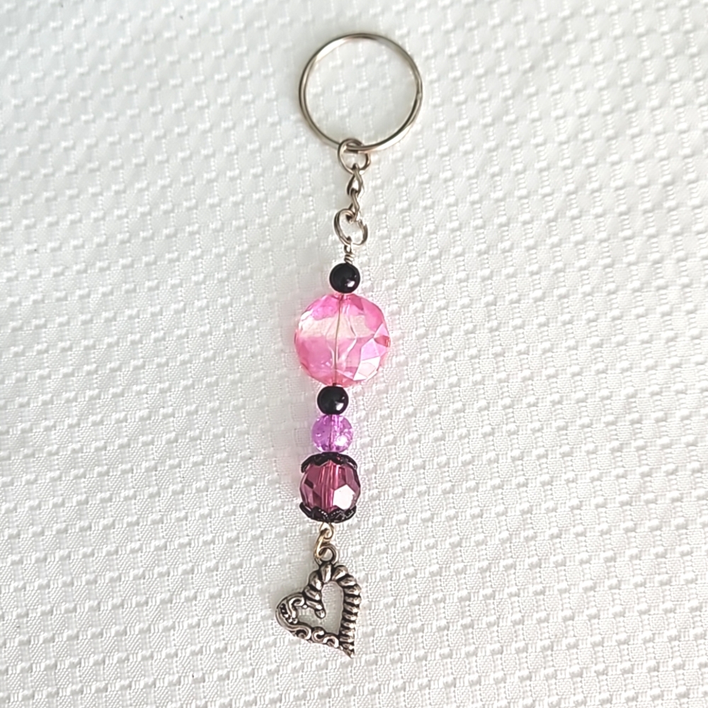 Hand Crafted Sparkling Heart Charm Keychain with Pink and Purple Beads
